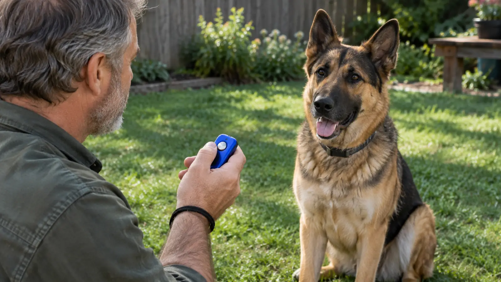 A hand holding a small plastic clicker with a wrist strap, a dog sitting nearby watching