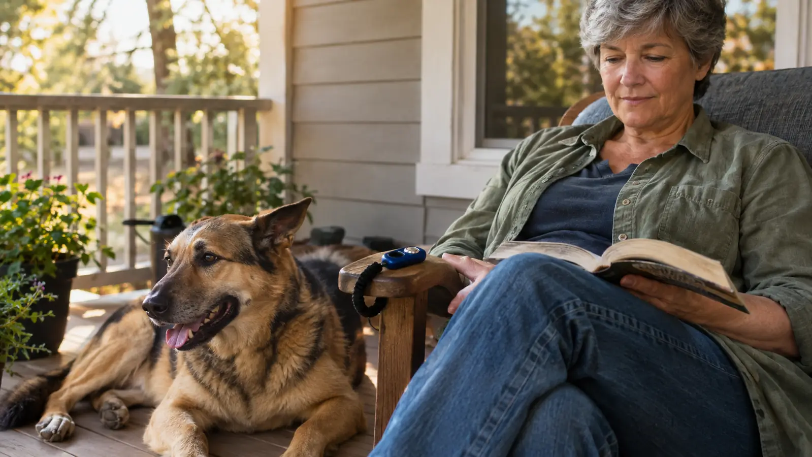 A dog lying calmly on a porch while a woman reads, with a clicker resting on the arm of the chair