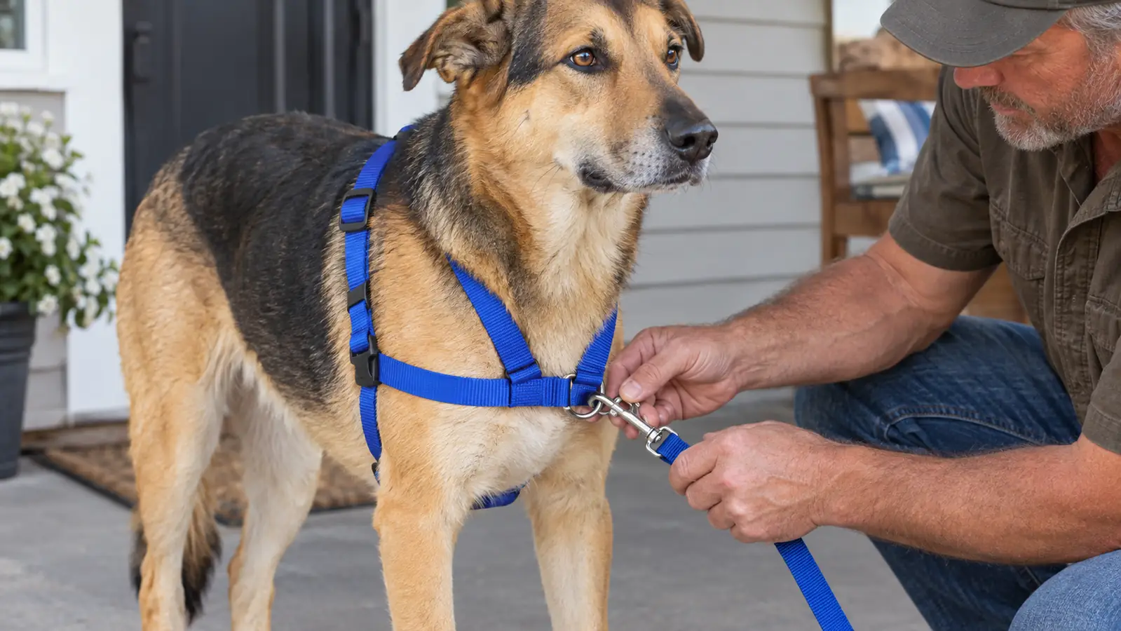 A hand clipping a leash to the front ring of a harness on a dog standing calmly on a porch