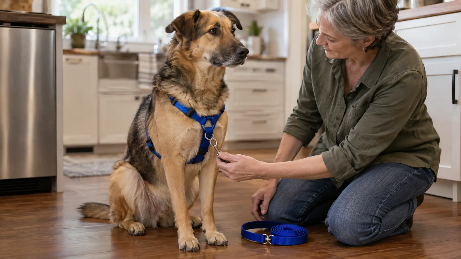 A dog sitting beside a leash and harness on a kitchen floor, ready for a walk