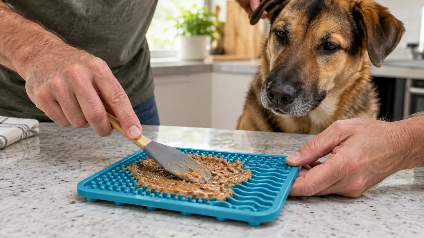 A hand spreading a thin layer of soft food onto a silicone lick mat on a kitchen counter