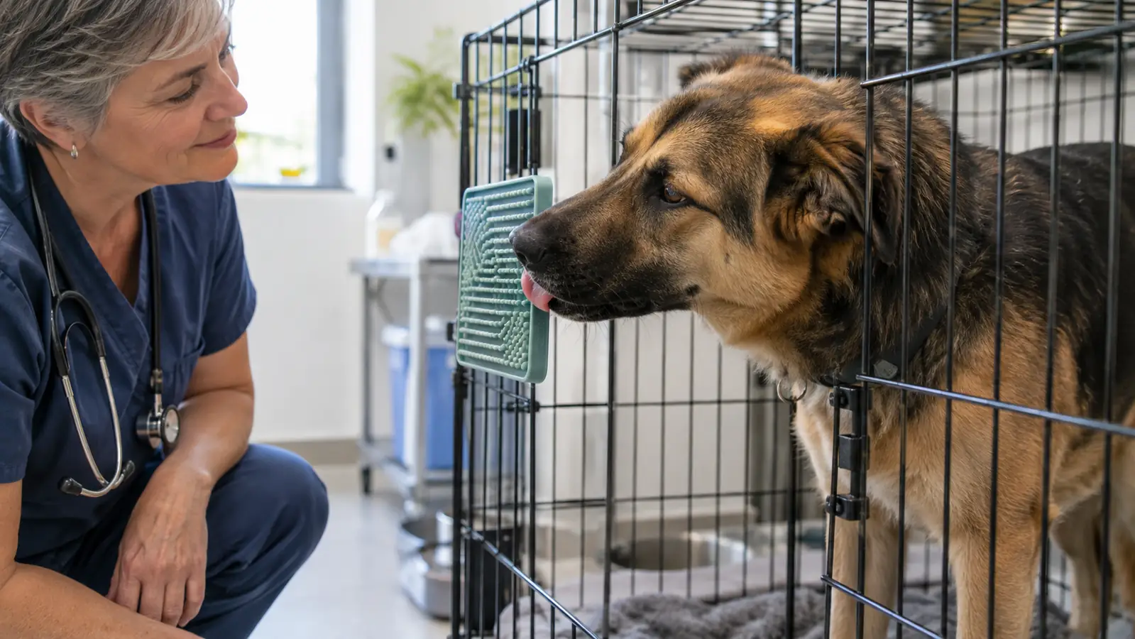 A silicone lick mat with suction cups pressed onto a stainless steel dog crate door