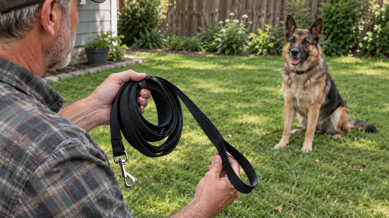 A hand holding a long training line coiled loosely while a dog waits nearby on the grass