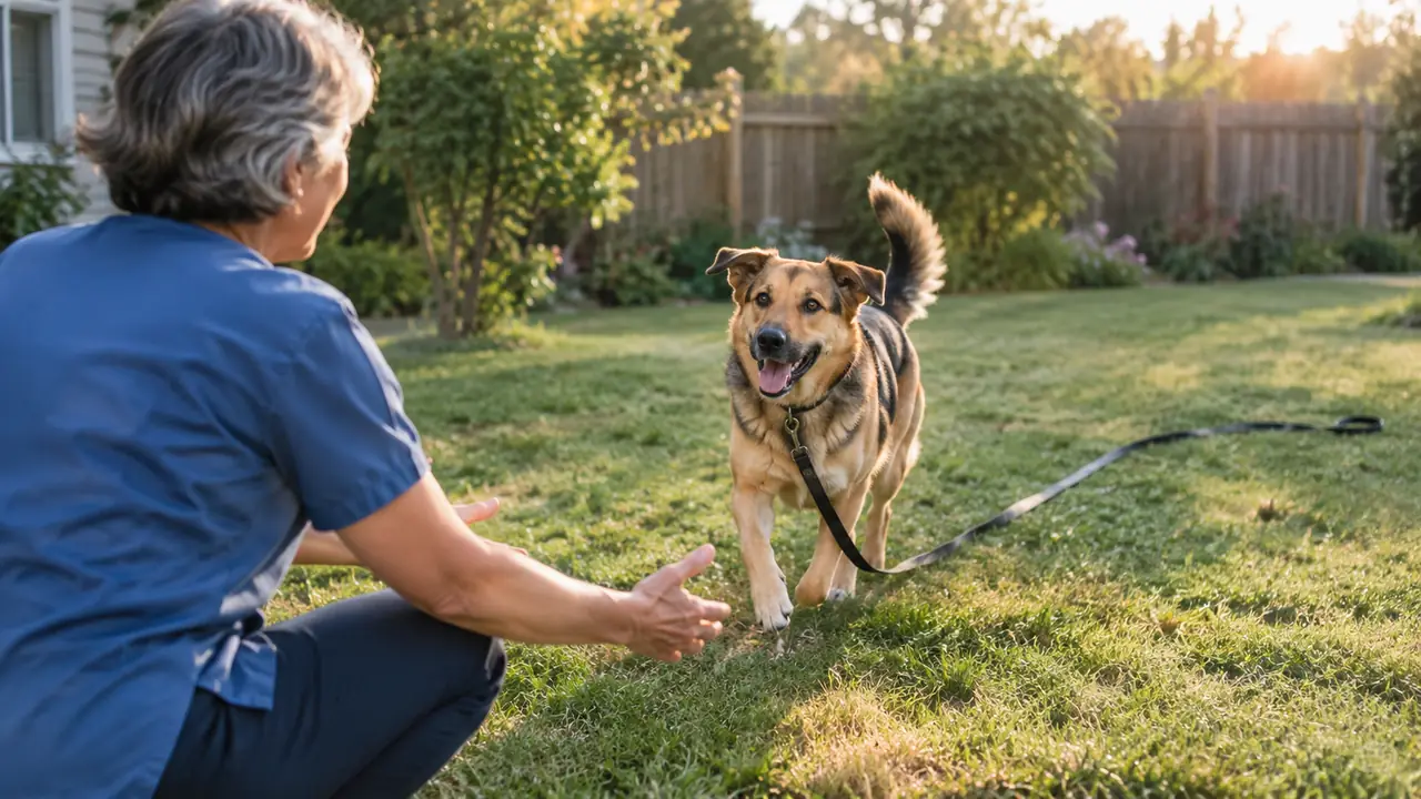 A dog running back toward a person across a grassy yard with a long training line trailing behind