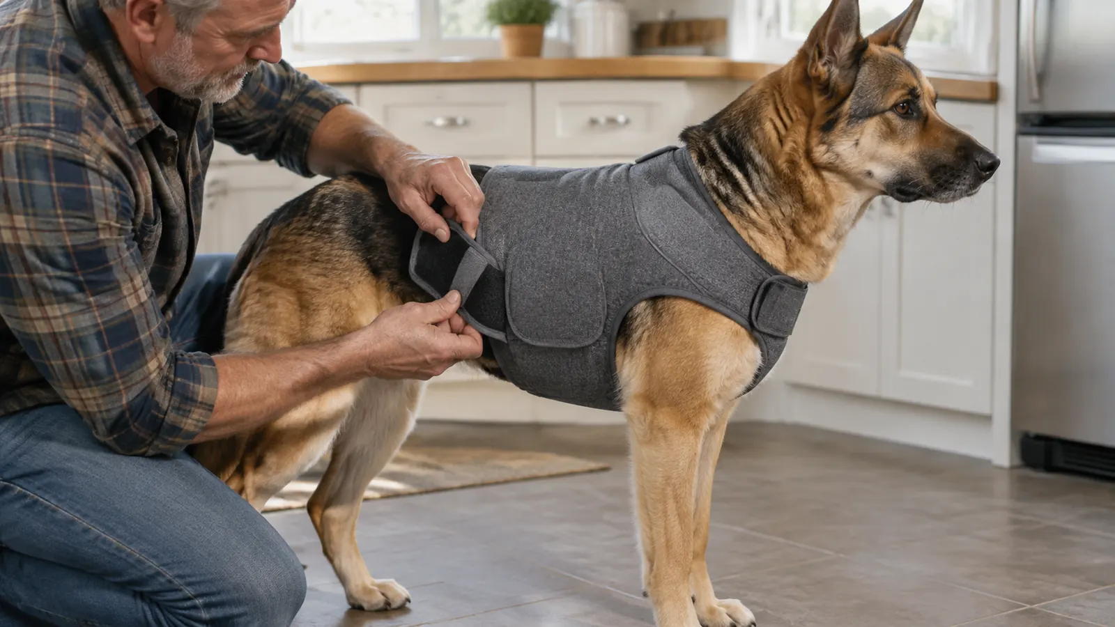 A person gently fastening a pressure wrap vest around a dog standing on a kitchen floor