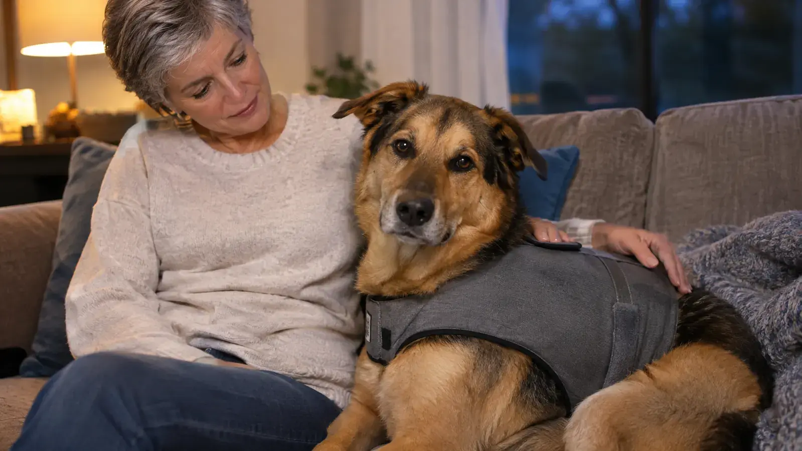 A dog wearing a pressure wrap vest sitting next to a person on a couch, both relaxed