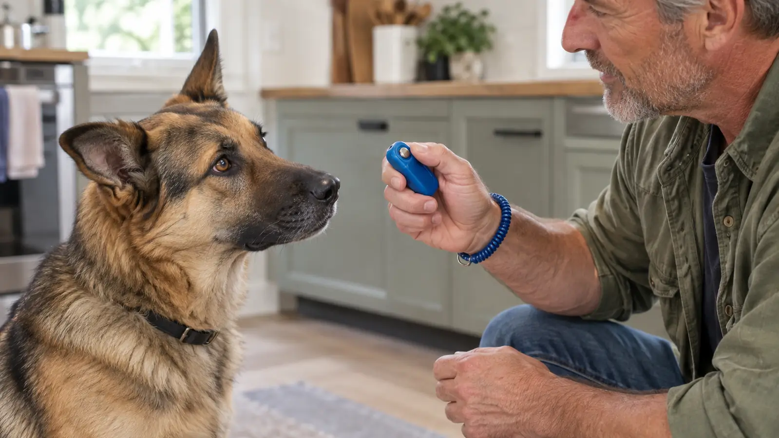 A hand holding a small clicker beside a dog's nose while the dog watches closely