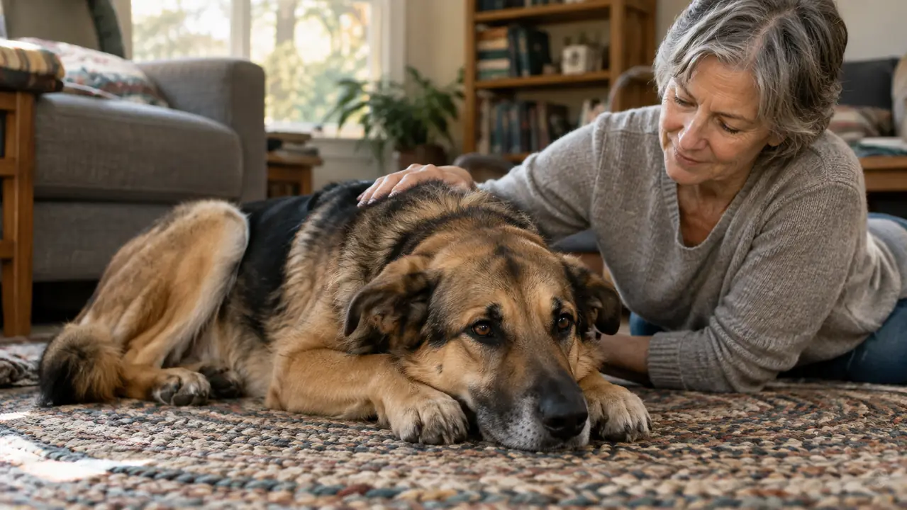 A dog lying on a rug in a living room, relaxed and calm