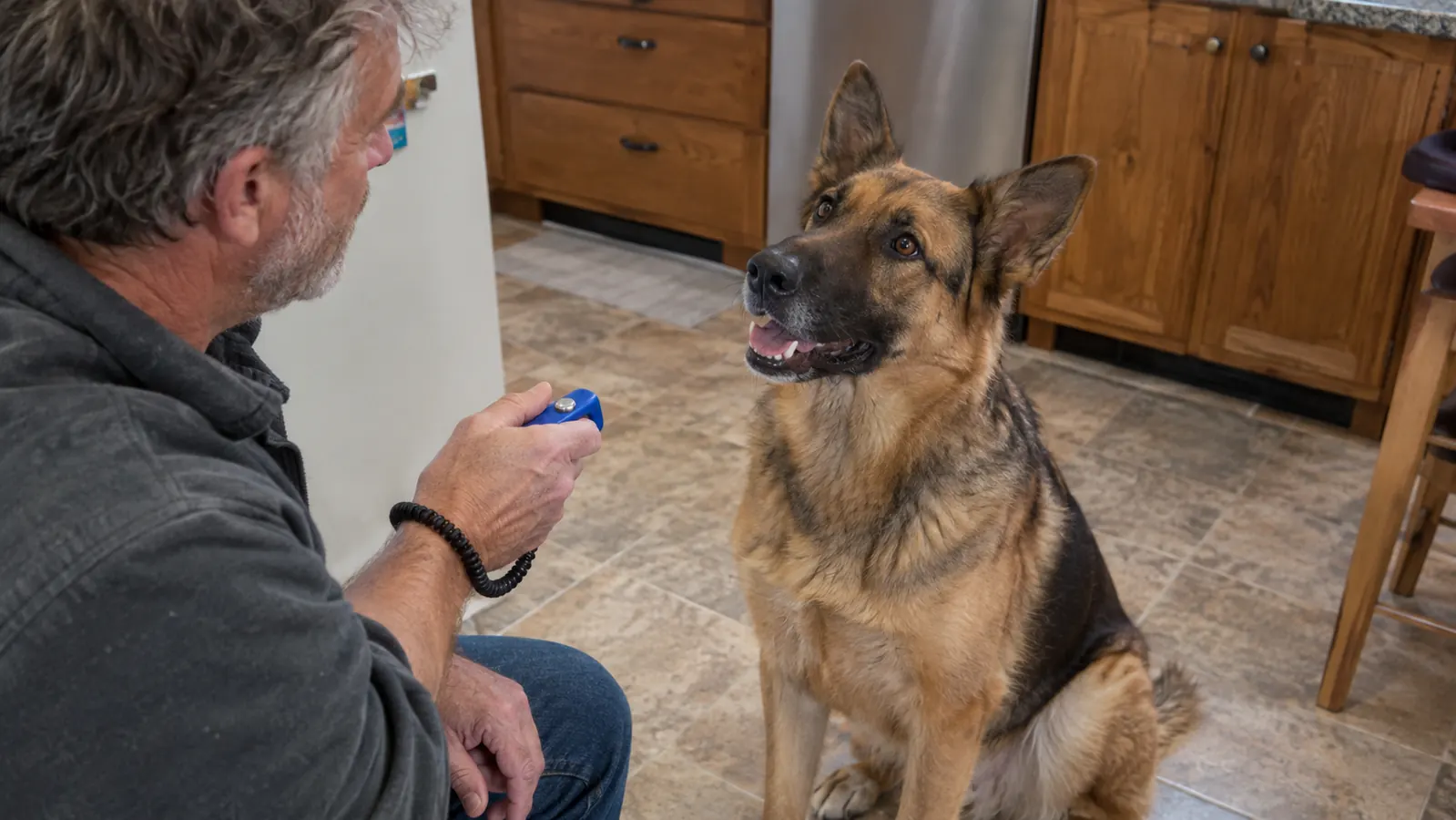 A hand pressing the button on a small plastic clicker while a dog sits on a kitchen floor looking up