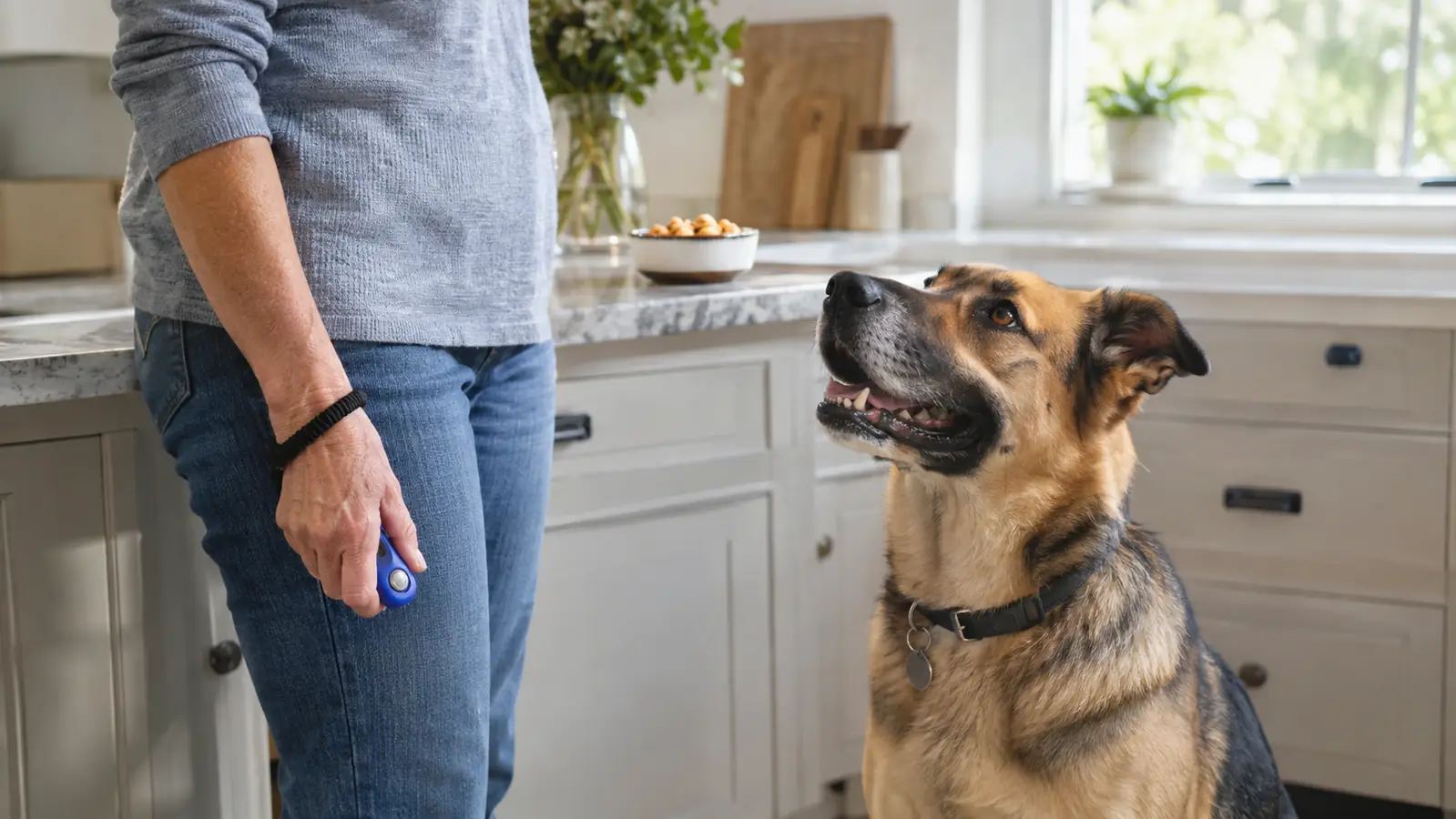 A woman holding a clicker at her side while her dog sits on the kitchen floor looking up at her