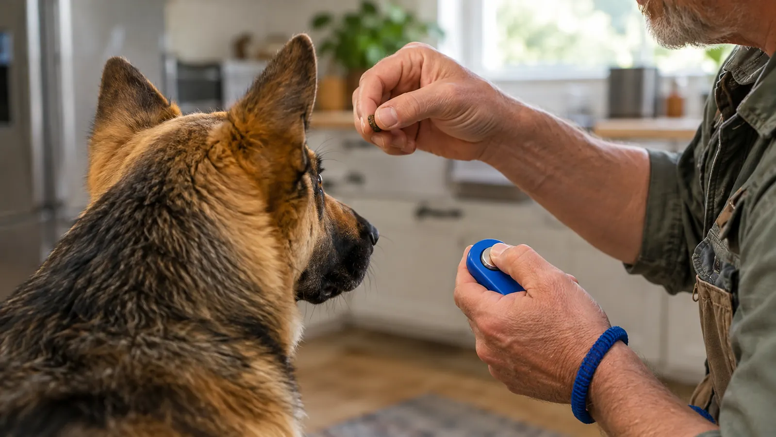 A hand pressing a small clicker while a dog watches a treat in the other hand