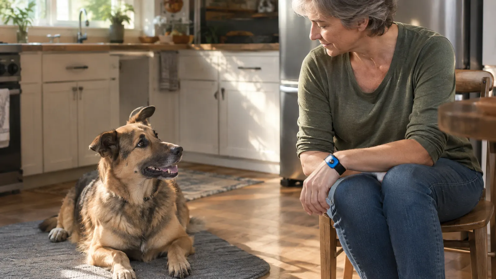 A dog lying calmly on a mat in the kitchen while its owner sits nearby with a clicker on her wrist