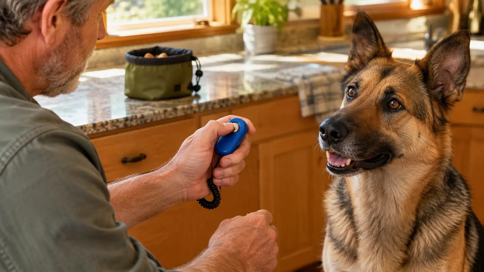 A hand pressing a small clicker while the dog watches, a treat pouch on the counter behind