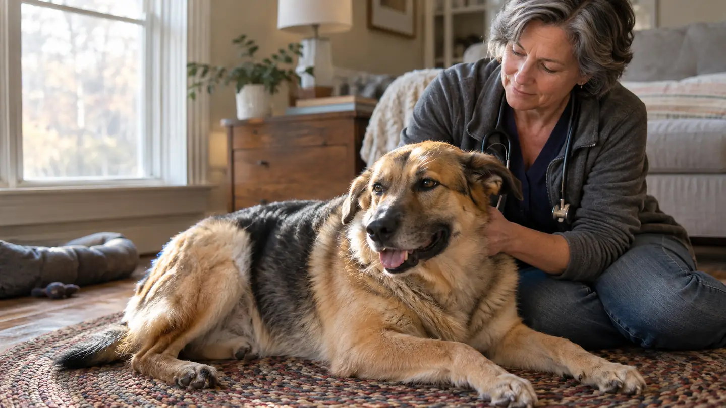 A large dog lying on a rug in a living room, looking relaxed, late afternoon light