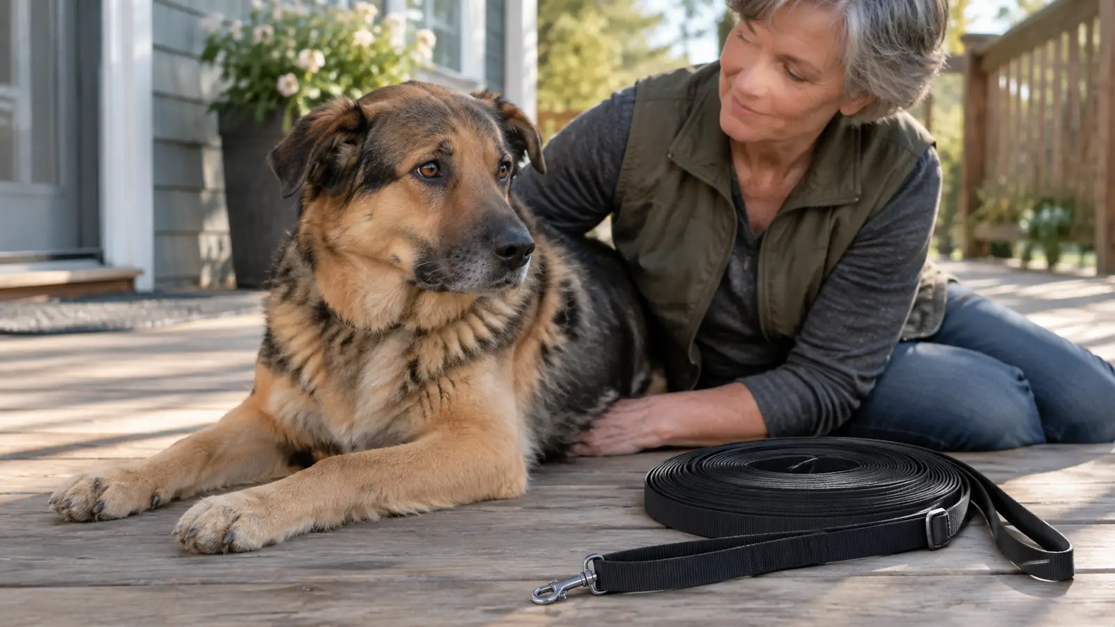 A dog lying calmly on a porch with a coiled long training line beside it
