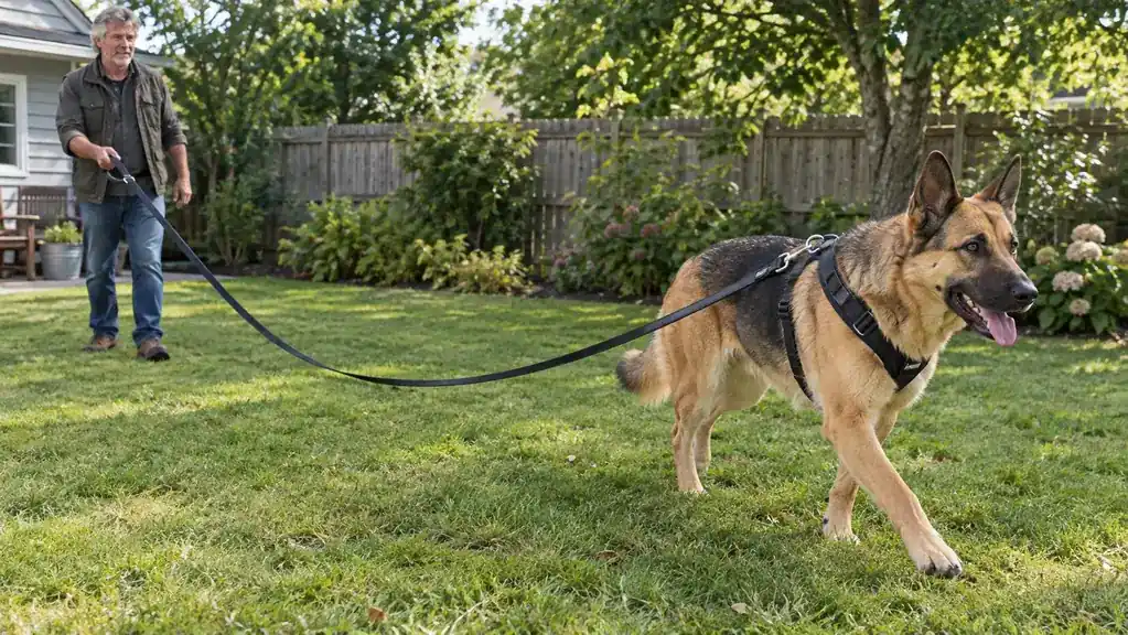 A dog wearing a flat collar with a long training leash trailing on the grass