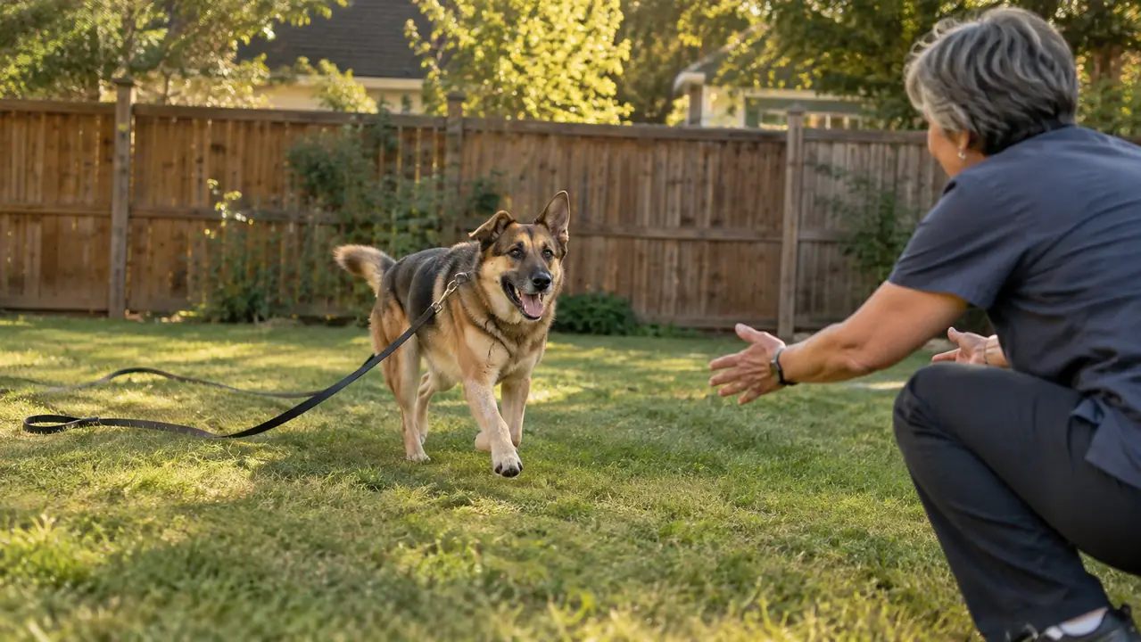 A dog running back across a fenced backyard to its owner, a long training leash trailing on the grass