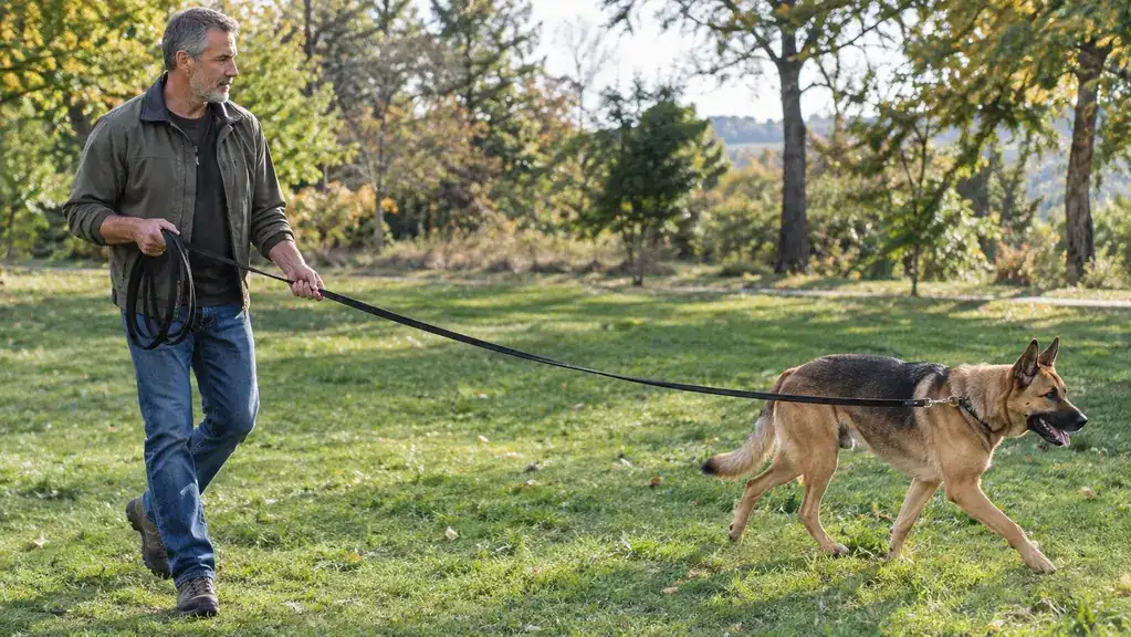 A person holding a long training leash coiled in one hand while the dog sniffs the grass ahead