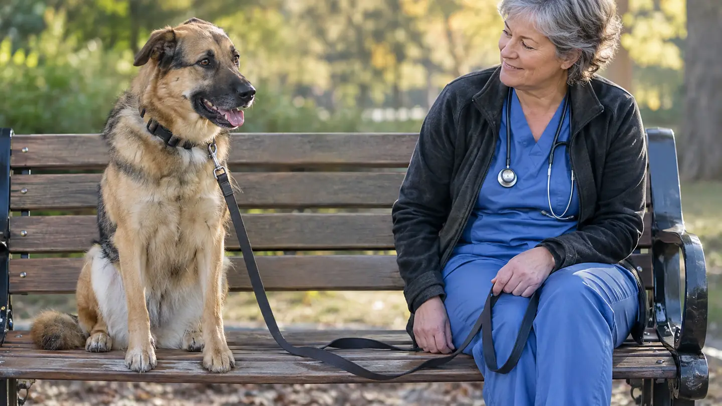 A dog sitting calmly beside a person on a park bench, the long training leash draped across the bench