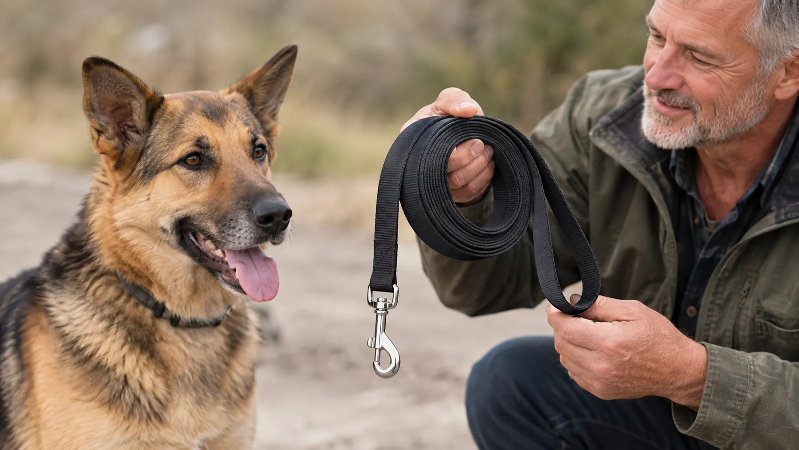A hand holding a coiled long training leash with a clip at the end