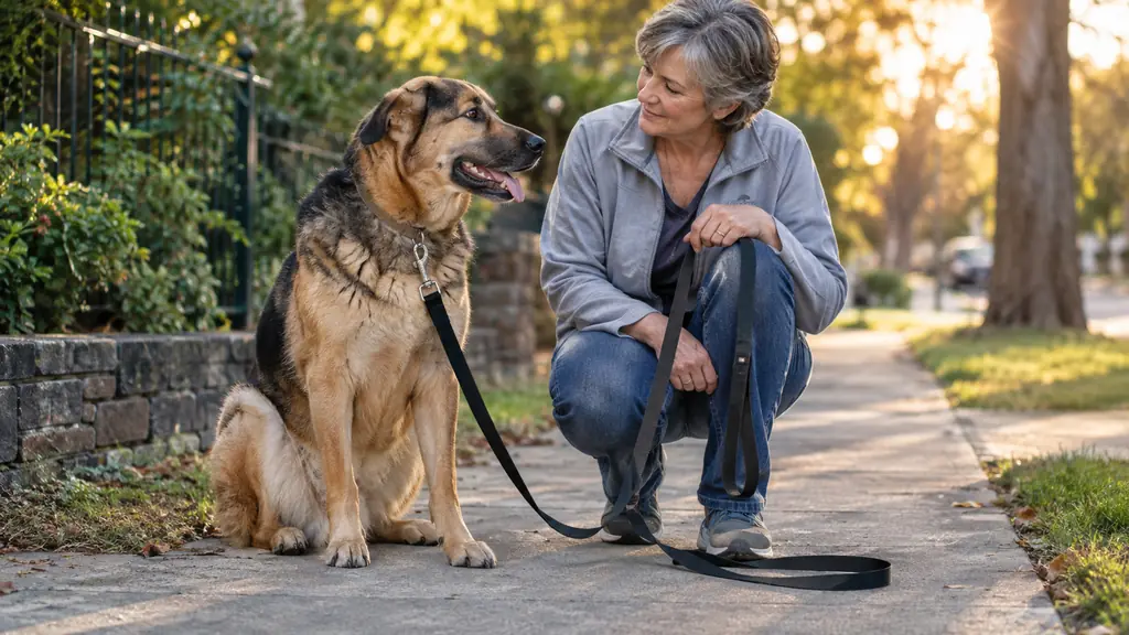 A dog sitting calmly beside a person on a neighborhood sidewalk