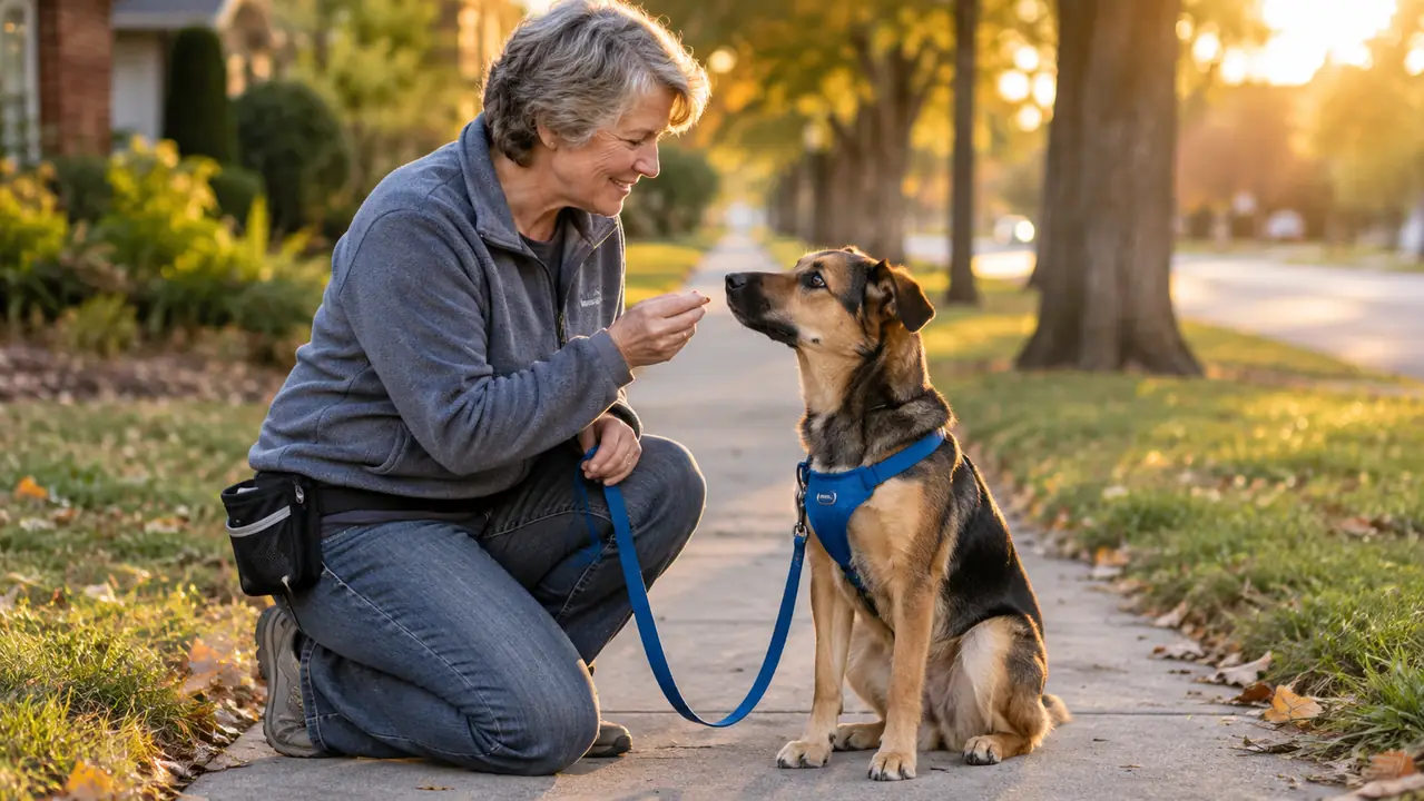 A woman kneels on a quiet neighborhood sidewalk rewarding a calm shepherd mix dog wearing a harness and leash