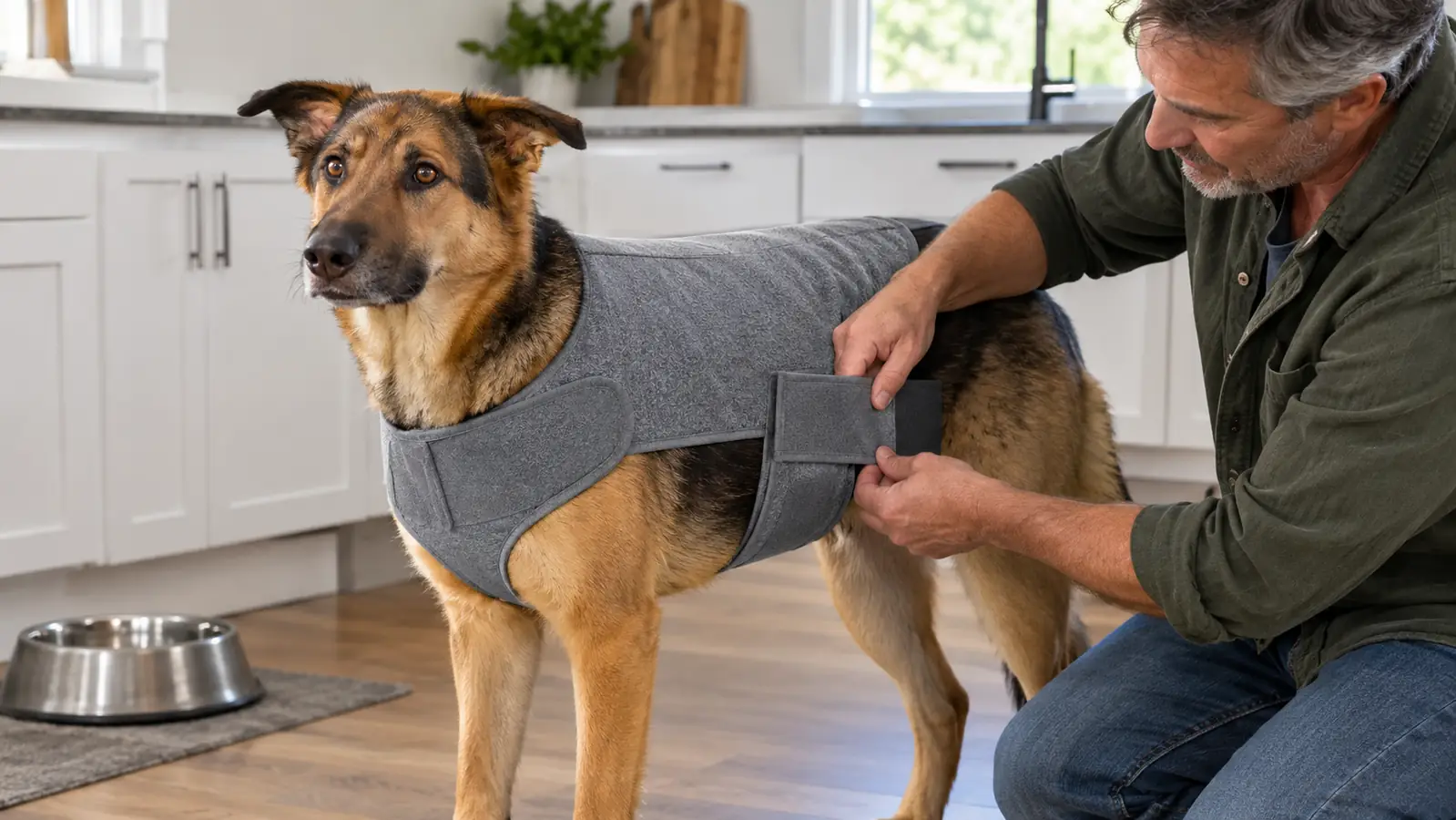 A person fastening the side straps of a gray calming vest on a dog standing patiently in a kitchen
