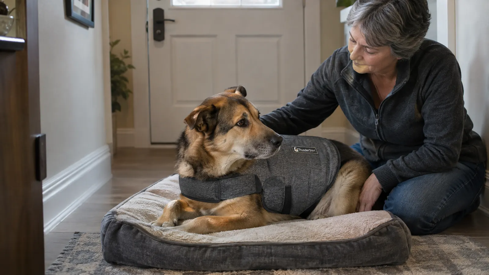 A dog wearing a gray calming vest resting on a dog bed beside a closed front door