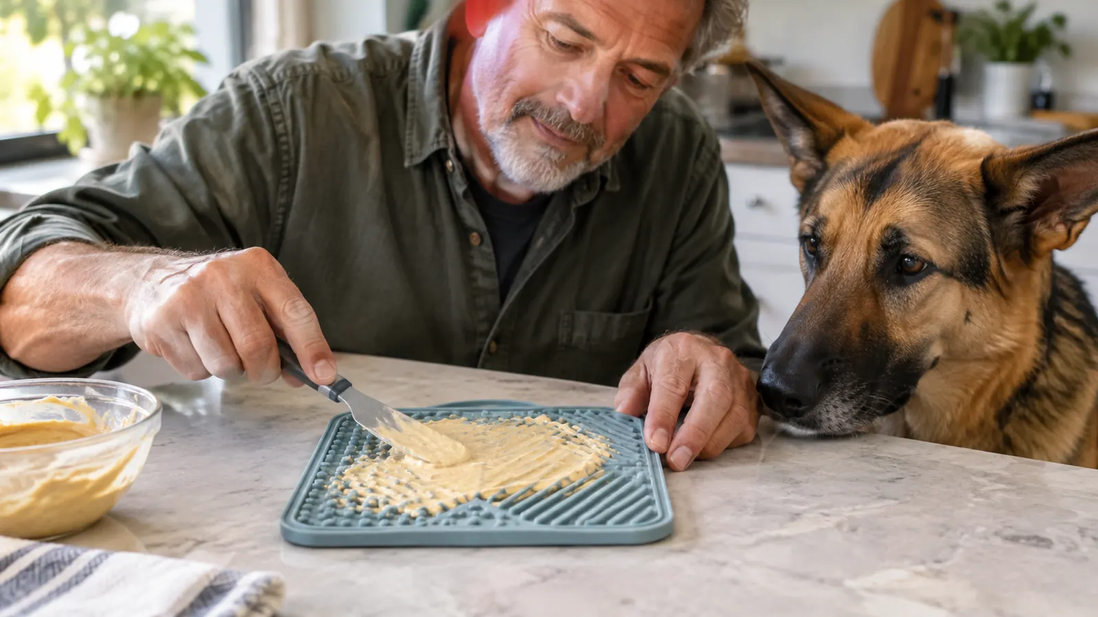 A hand spreading a thin layer of filling across the textured surface of a silicone lick mat on a kitchen counter