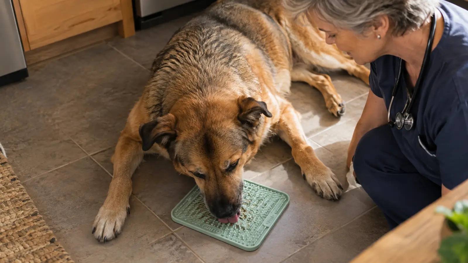 A large dog lying on a kitchen floor with its nose at a silicone lick mat