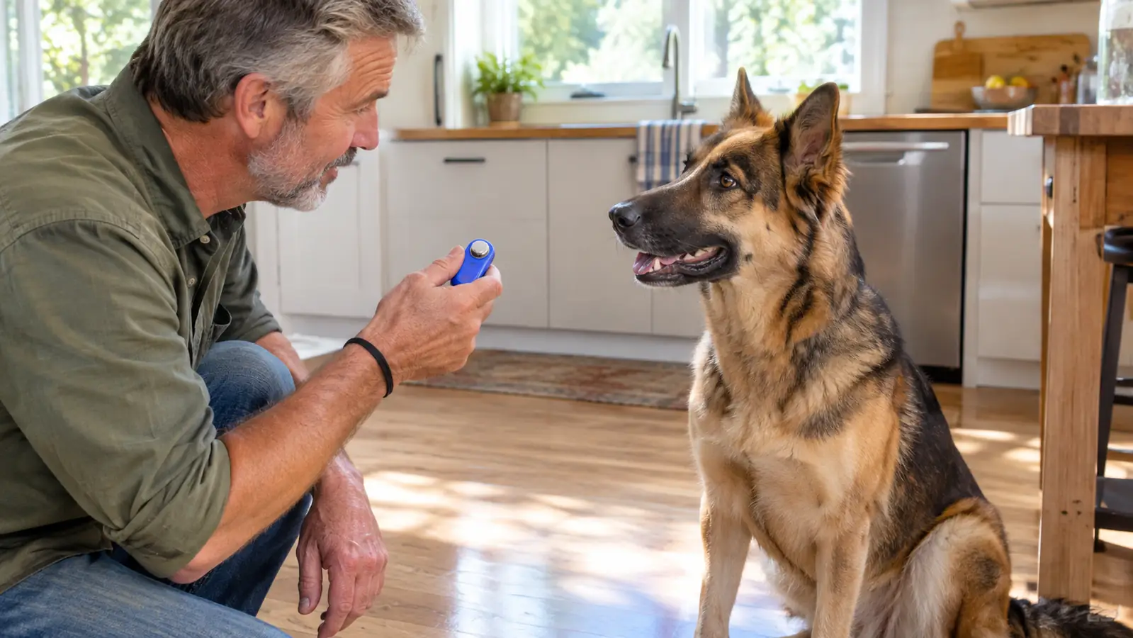 A hand holding a small clicker while a dog sits on a kitchen floor