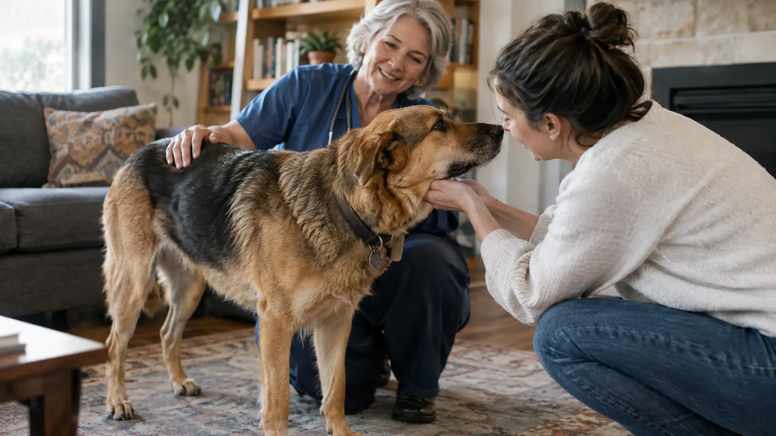A dog keeping all four paws on the floor while a guest reaches down to greet it