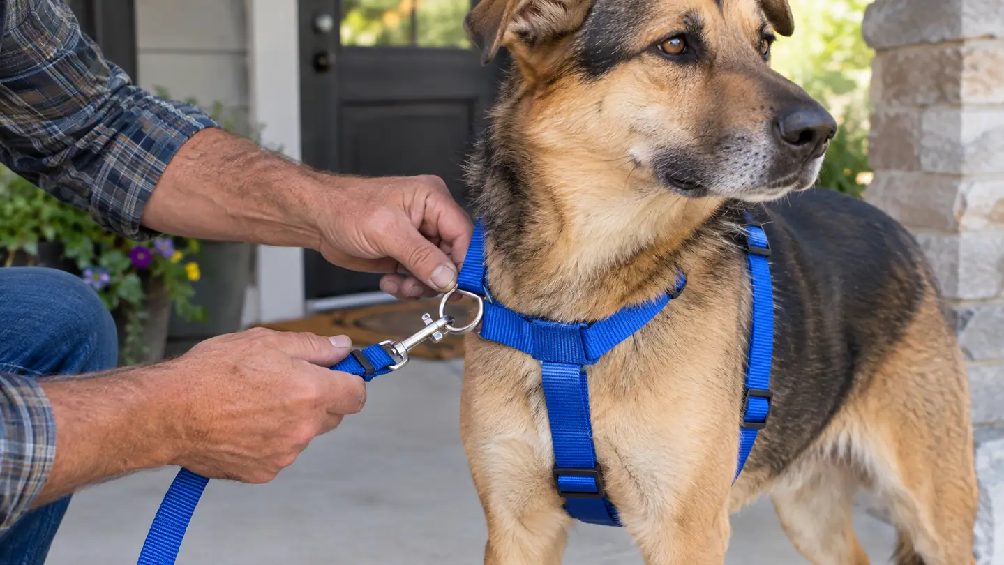 A hand clipping a front-clip harness onto a dog standing calmly on a porch