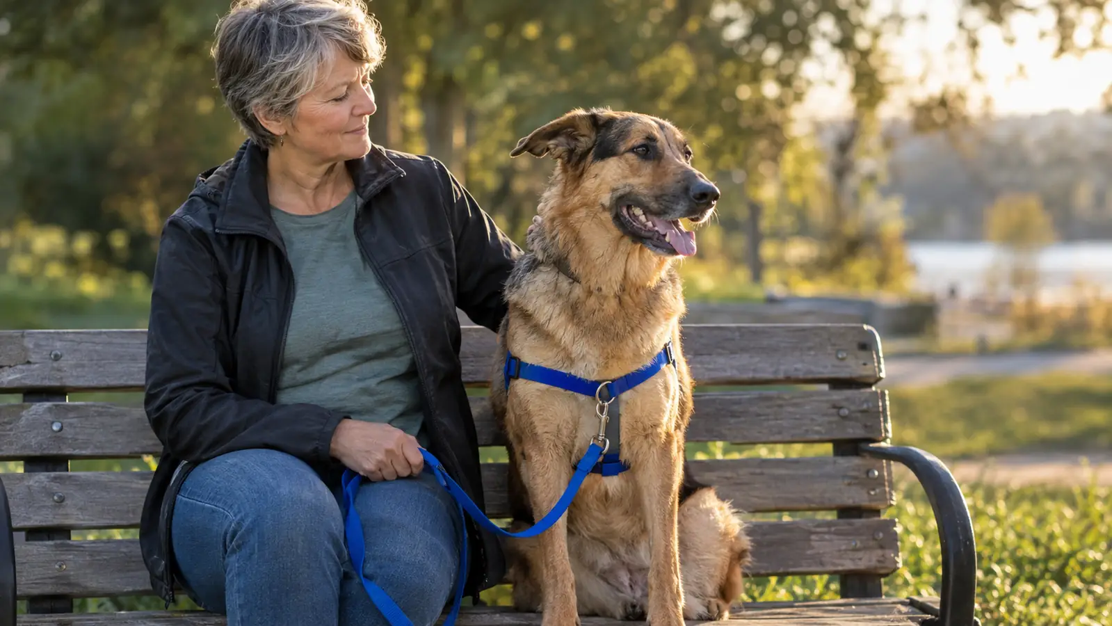 A dog sitting beside a person on a park bench, leash loose, both looking relaxed