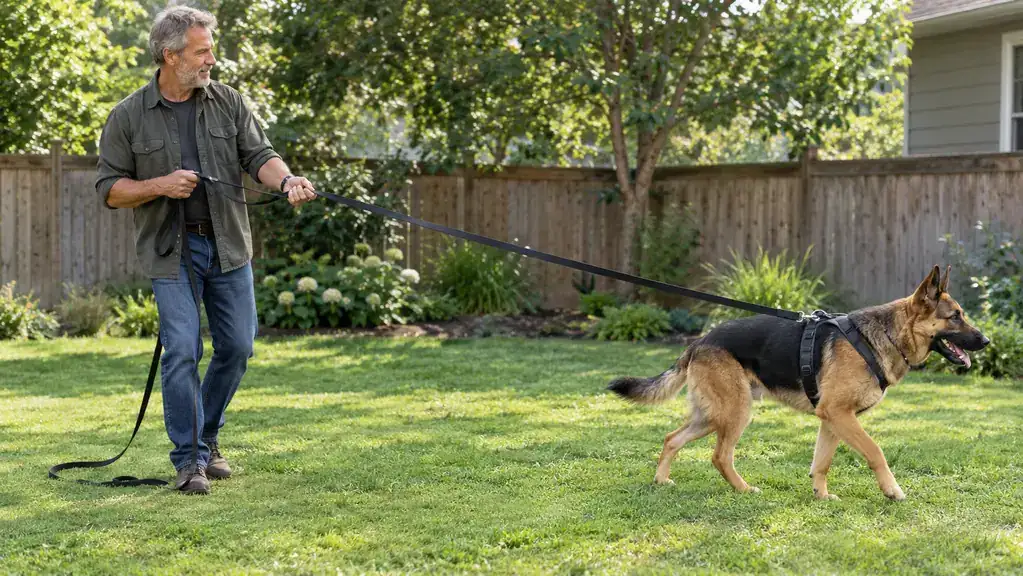 A hand holding a long training lead attached to a dog's collar in a backyard