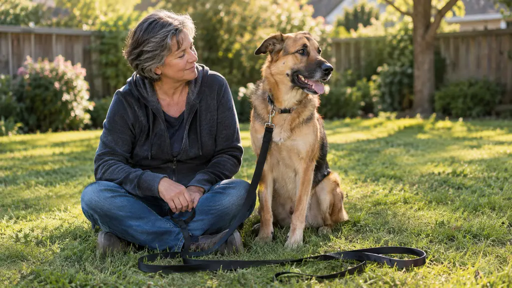 A dog sitting beside a person in a backyard, the long training lead slack on the grass between them