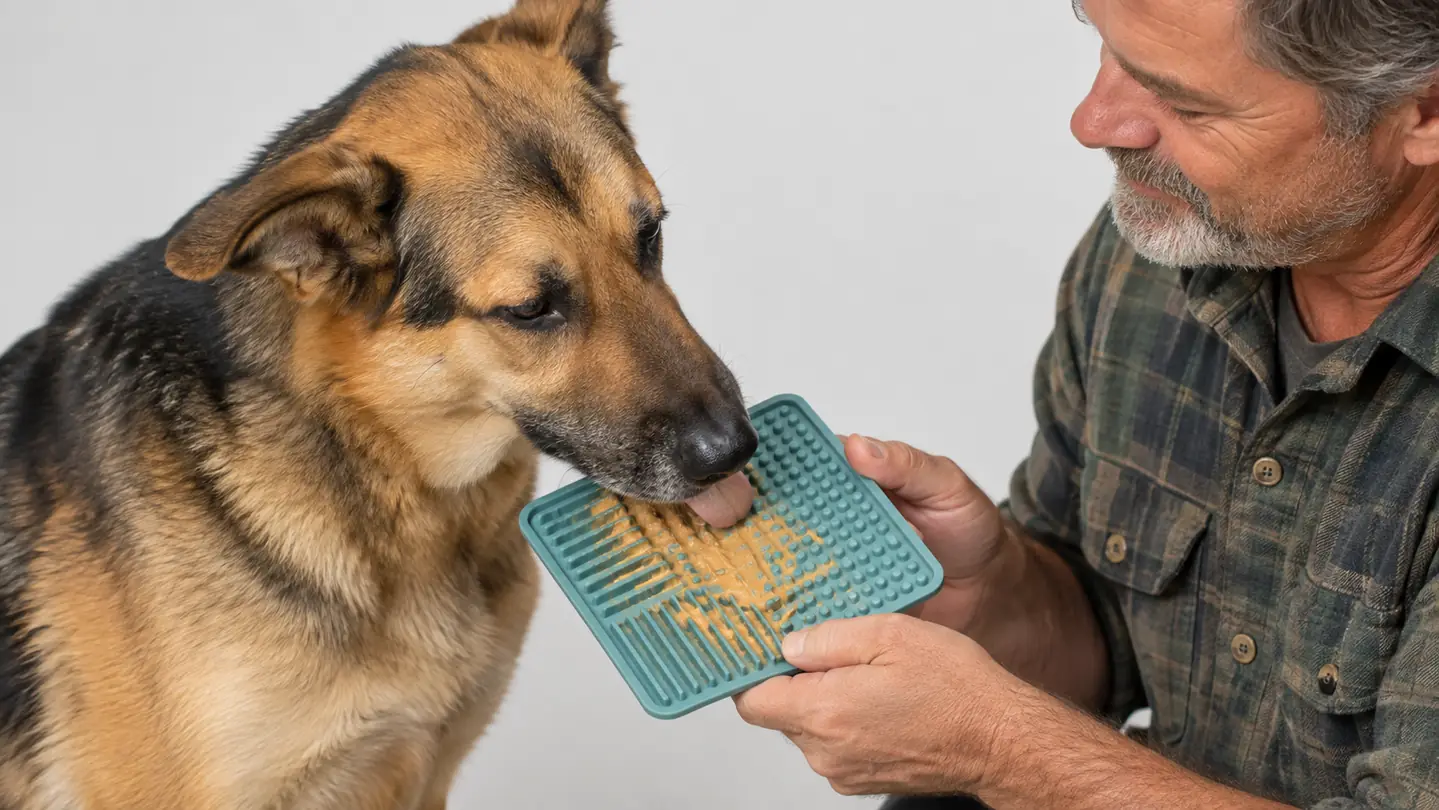 A dog licking a silicone lick mat spread with peanut butter while a person holds it at chest height