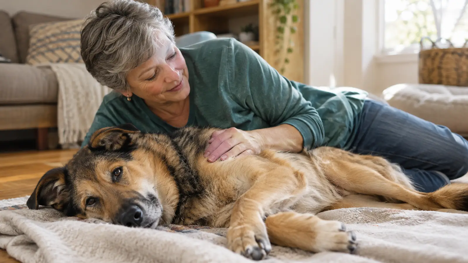 A dog lying calmly on a blanket at home after a stressful outing