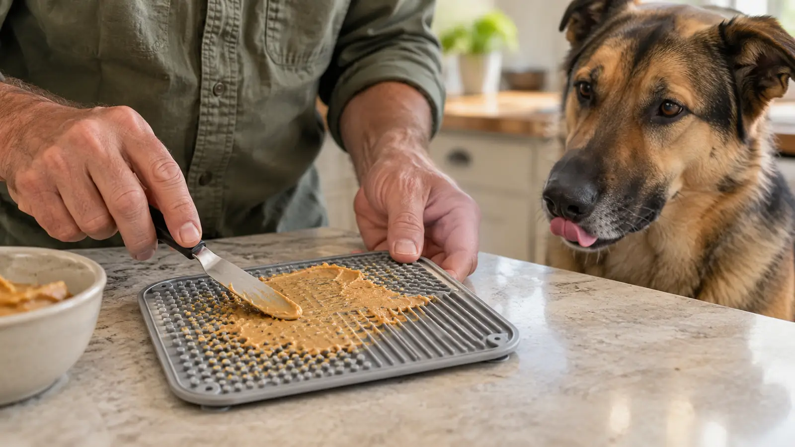A hand spreading a thin layer of peanut butter onto a silicone lick mat on a kitchen counter