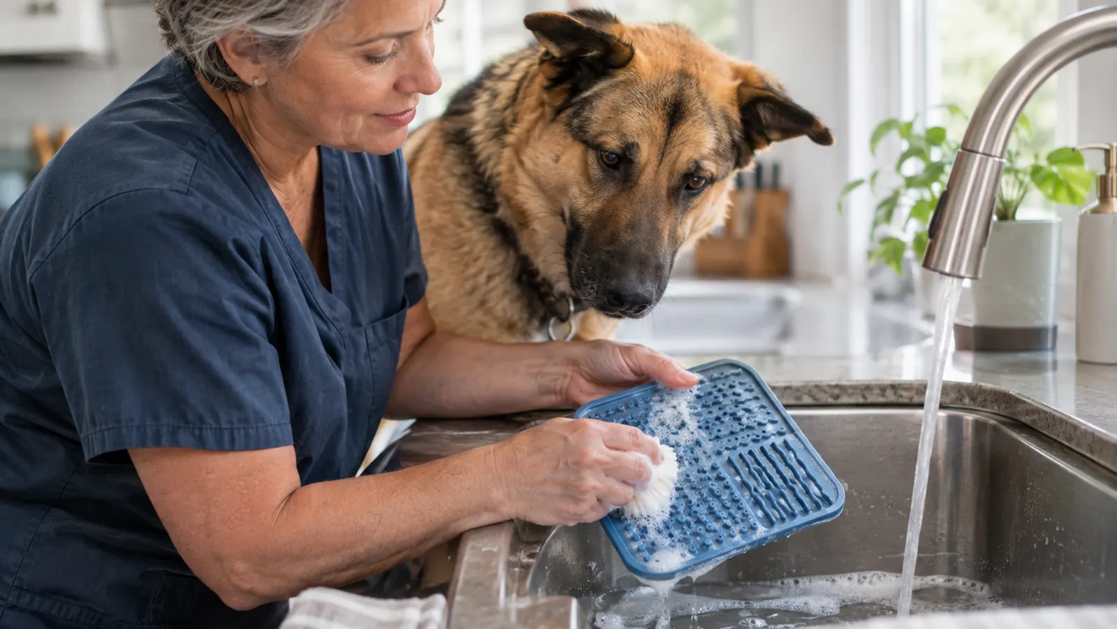 A silicone lick mat with suction cups sitting in a stainless steel sink under running water