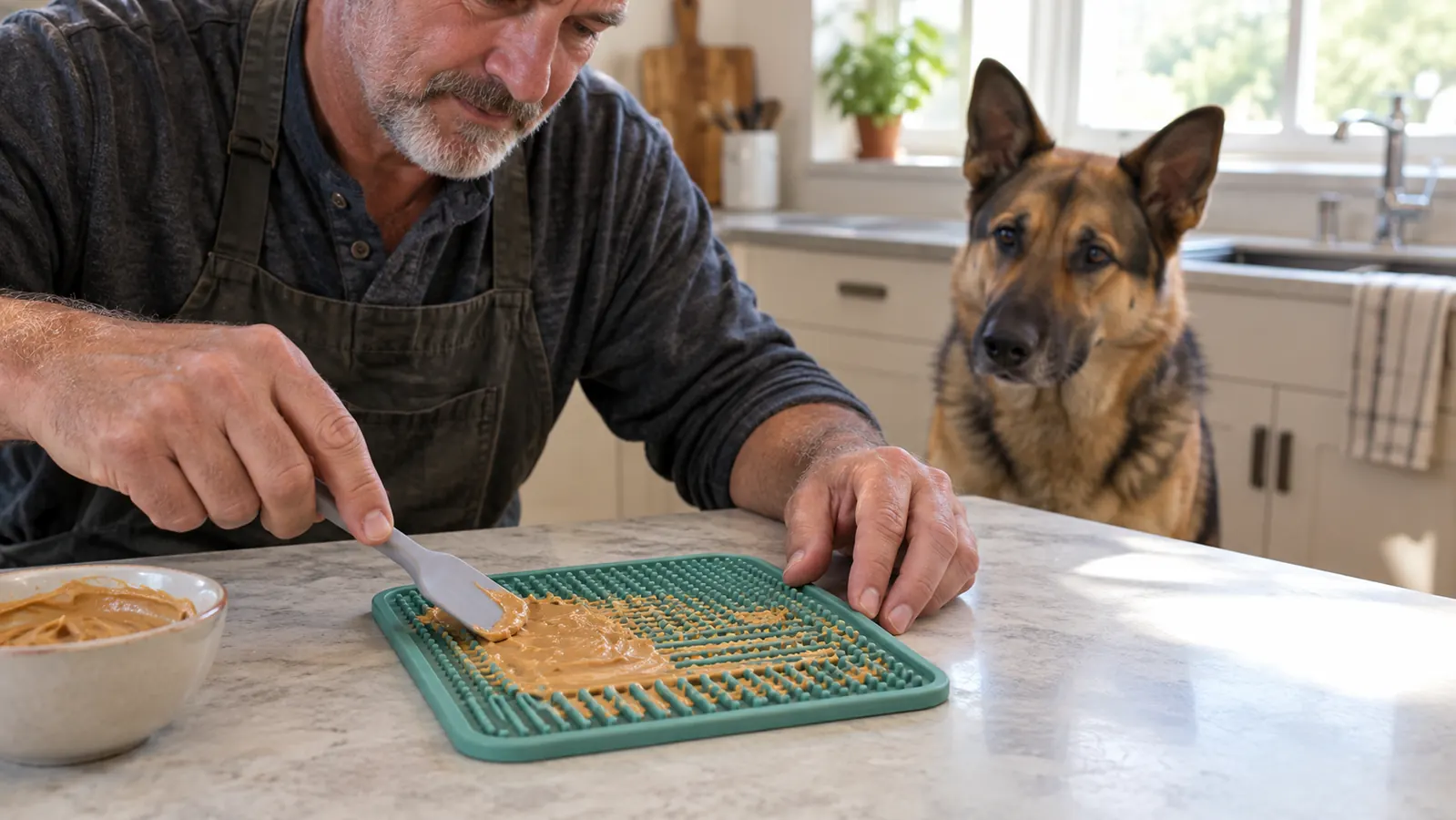 A person spreading a thin layer of soft food onto a silicone lick mat with a spatula, the dog watching nearby