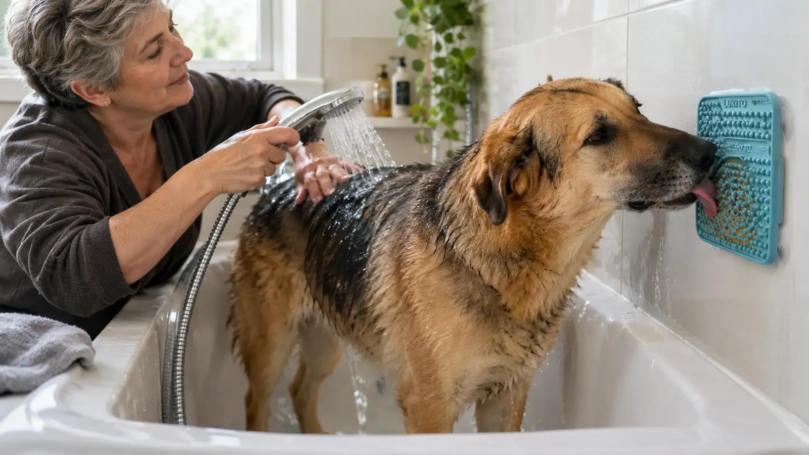 A large dog licking a silicone mat stuck to the side of a bathtub while a person gently rinses its back