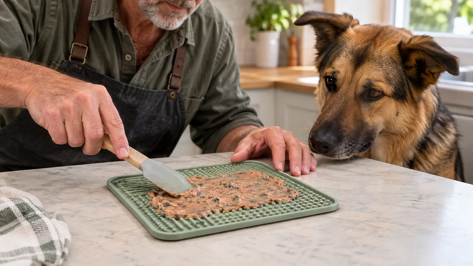 A hand spreading a thin layer of wet food onto a silicone lick mat on a kitchen counter