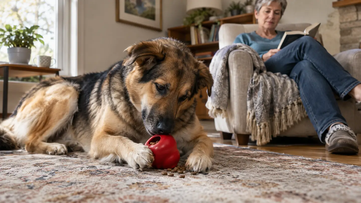 A large dog working at a red rubber toy on a living room rug while a person watches from a chair