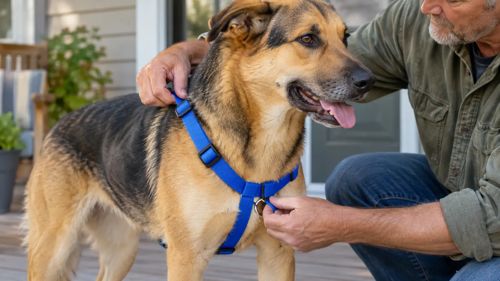 A hand clipping a front-clip harness onto a large dog standing calmly on a porch