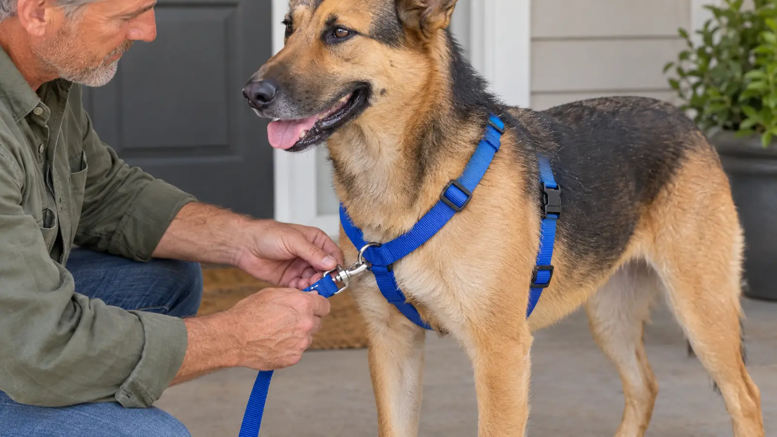 A hand clipping the front leash hook of a no pull harness onto a dog standing on a porch