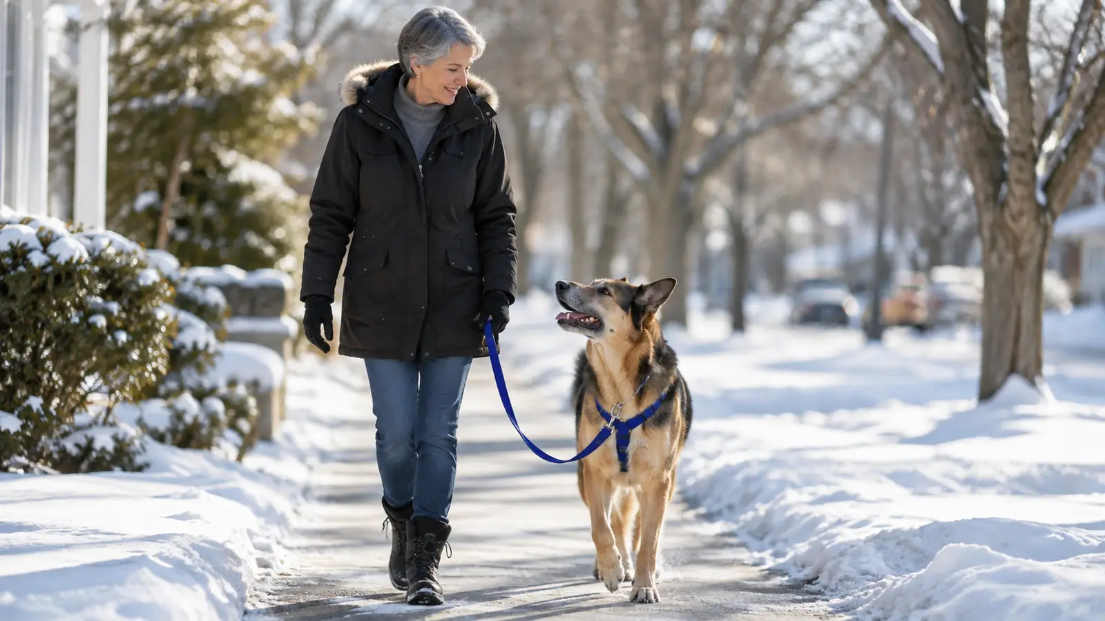 A woman walking her dog in a front-clip harness on a snowy neighborhood sidewalk
