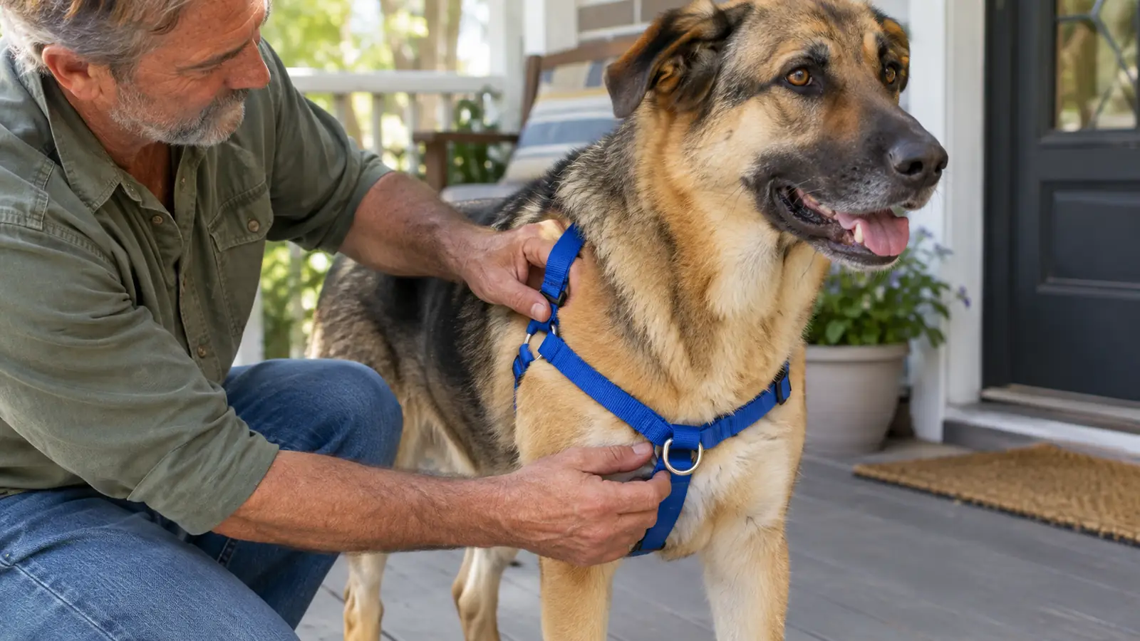 A hand adjusting the front strap of a harness on a large dog standing calmly on a porch