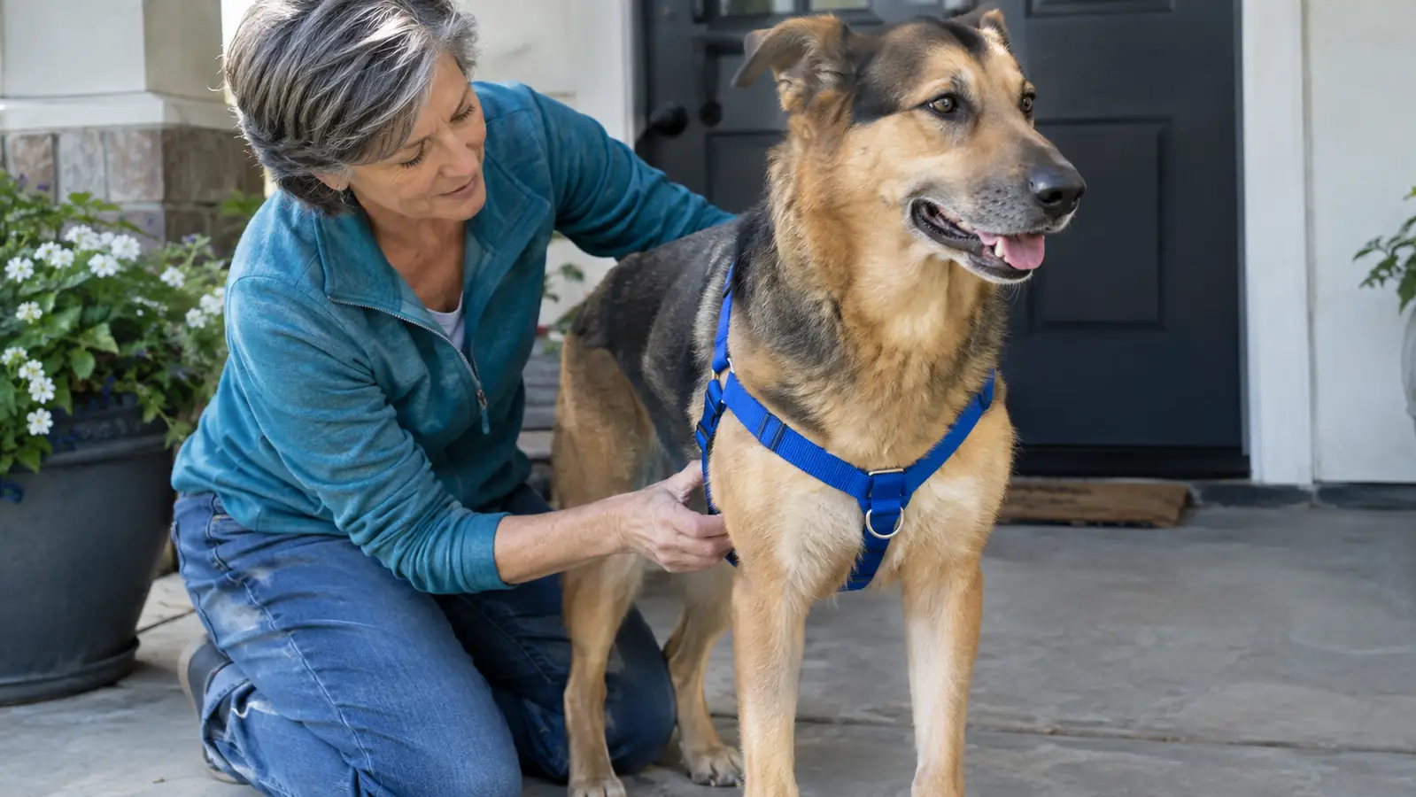 A woman kneeling on a porch checking the fit of the harness straps behind her dog's front legs