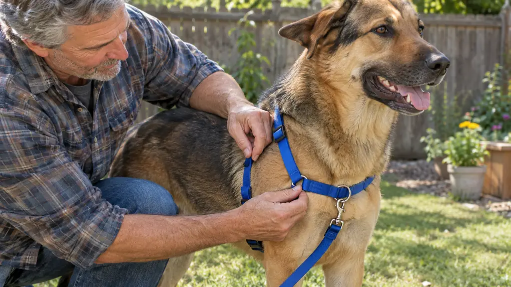 A hand adjusting the chest strap of a front-clip harness on a large dog standing calmly in a yard